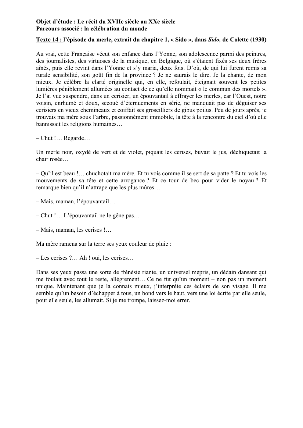Prévisualisation du document Colette - Sidonie -commentaire