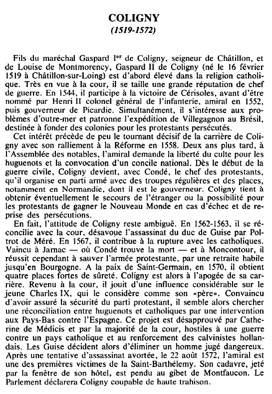 Prévisualisation du document COLIGNY(1519-1572) - BIOGRAPHIE.
