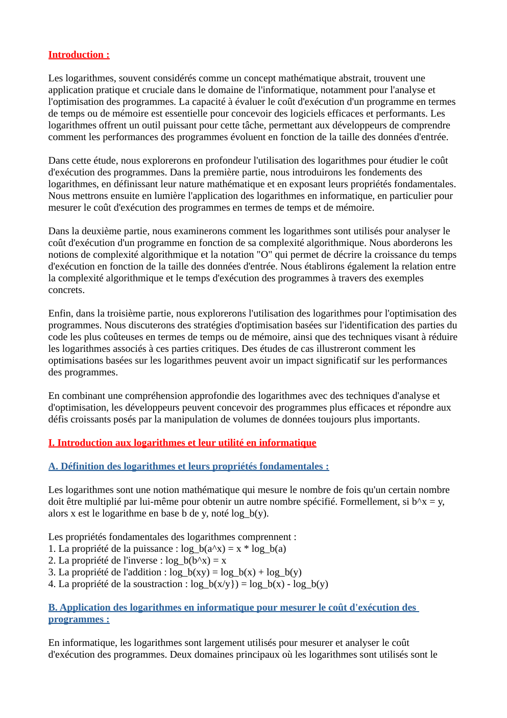 Prévisualisation du document Comment exploiter les logarithmes pour étudier le coût d’exécution, en temps ou en mémoire, d’un programme.pdf