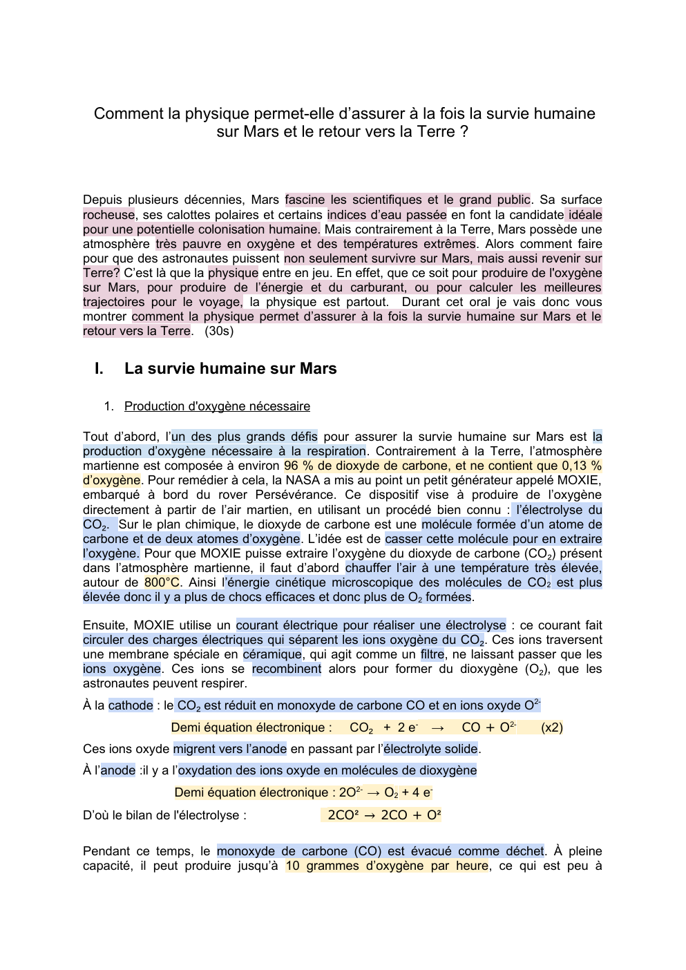 Prévisualisation du document Comment la physique permet-elle d’assurer à la fois la survie humaine sur Mars et le retour vers la Terre ?