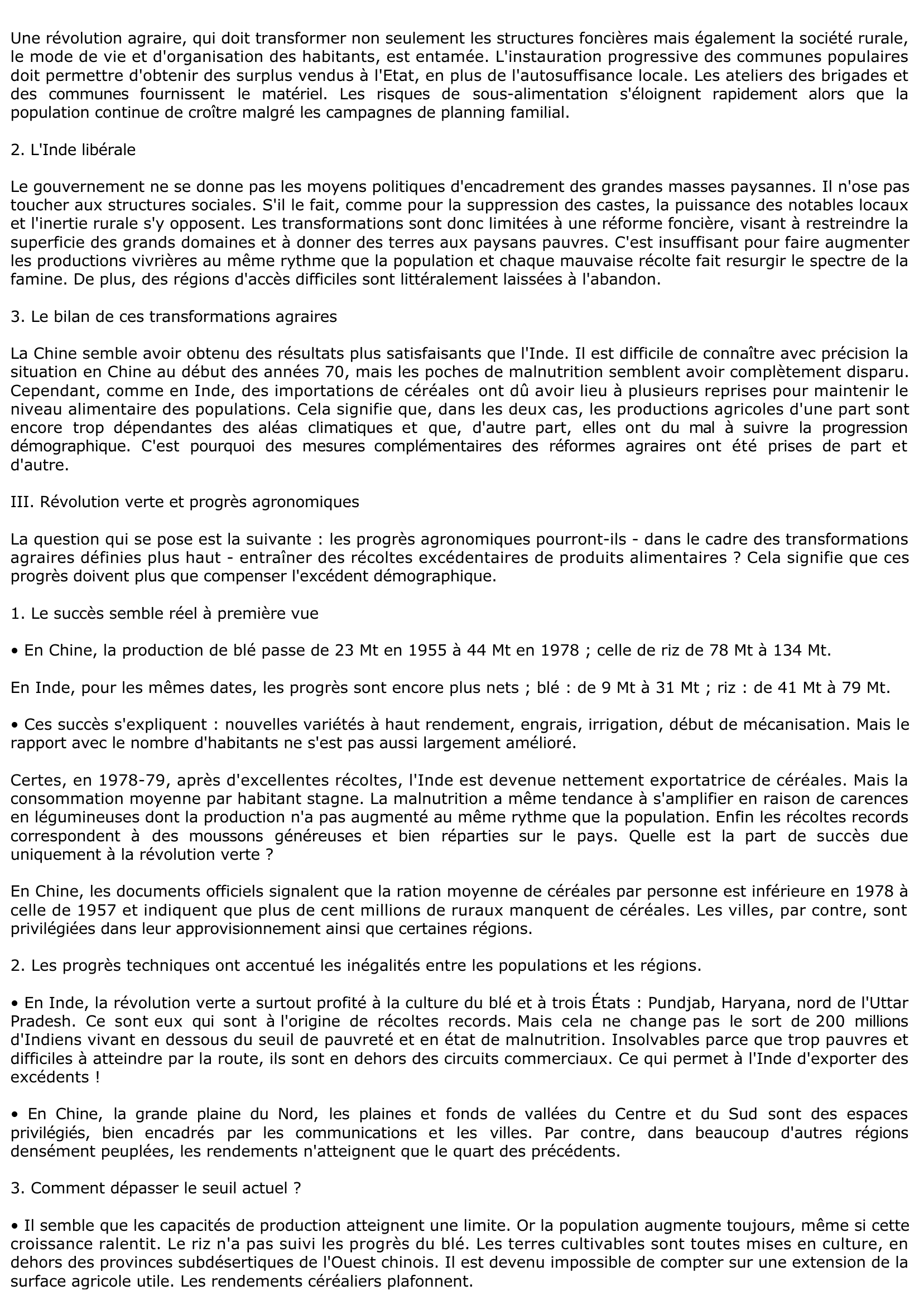 Prévisualisation du document Comment la République indienne et la Chine essayent-elles de satisfaire les besoins alimentaires de leur population de 1950 à 1980 ? Vous tenterez de présenter une étude comparative.