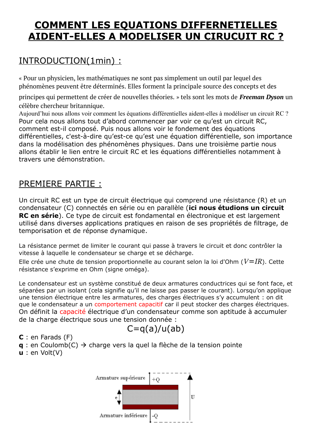 Prévisualisation du document COMMENT LES EQUATIONS DIFFERNETIELLES AIDENT-ELLES A MODELISER UN CIRUCUIT RC ?