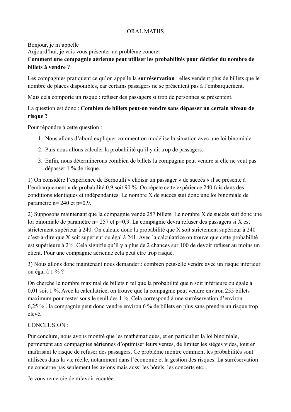 Prévisualisation du document Comment une compagnie aérienne peut utiliser les probabilités pour décider du nombre de billets à vendre ?