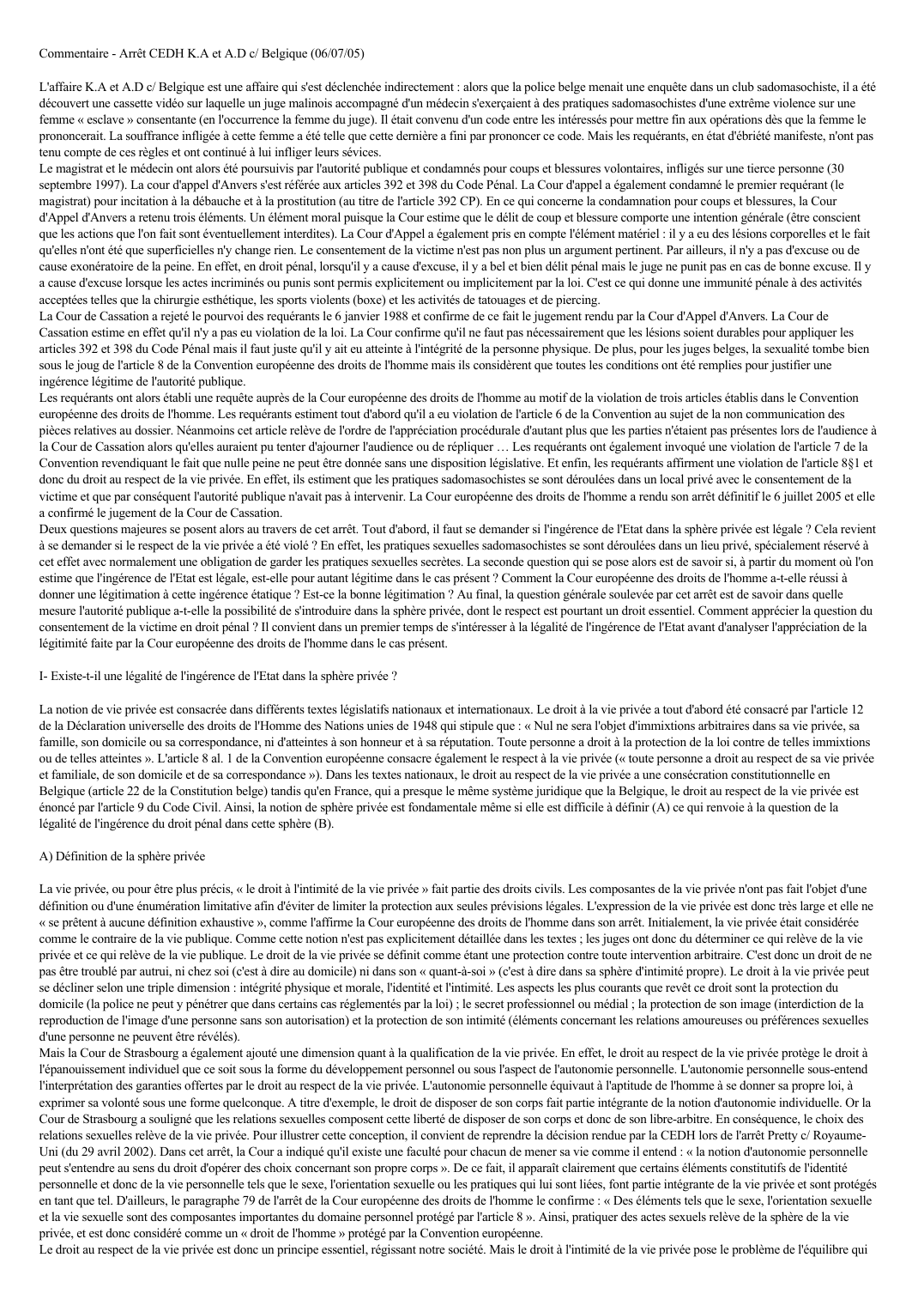 Prévisualisation du document Commentaire - Arrêt CEDH K.A et A.D c/ Belgique (06/07/05)