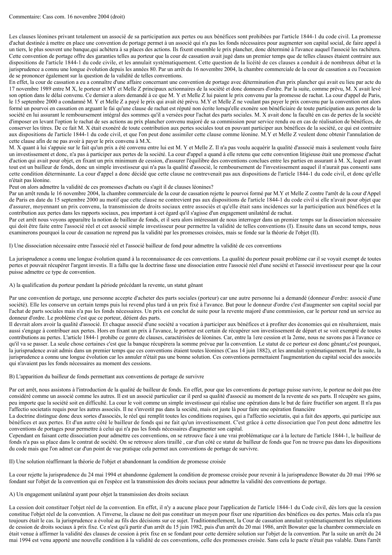 Prévisualisation du document Commentaire: Cass com. 16 novembre 2004 (droit)