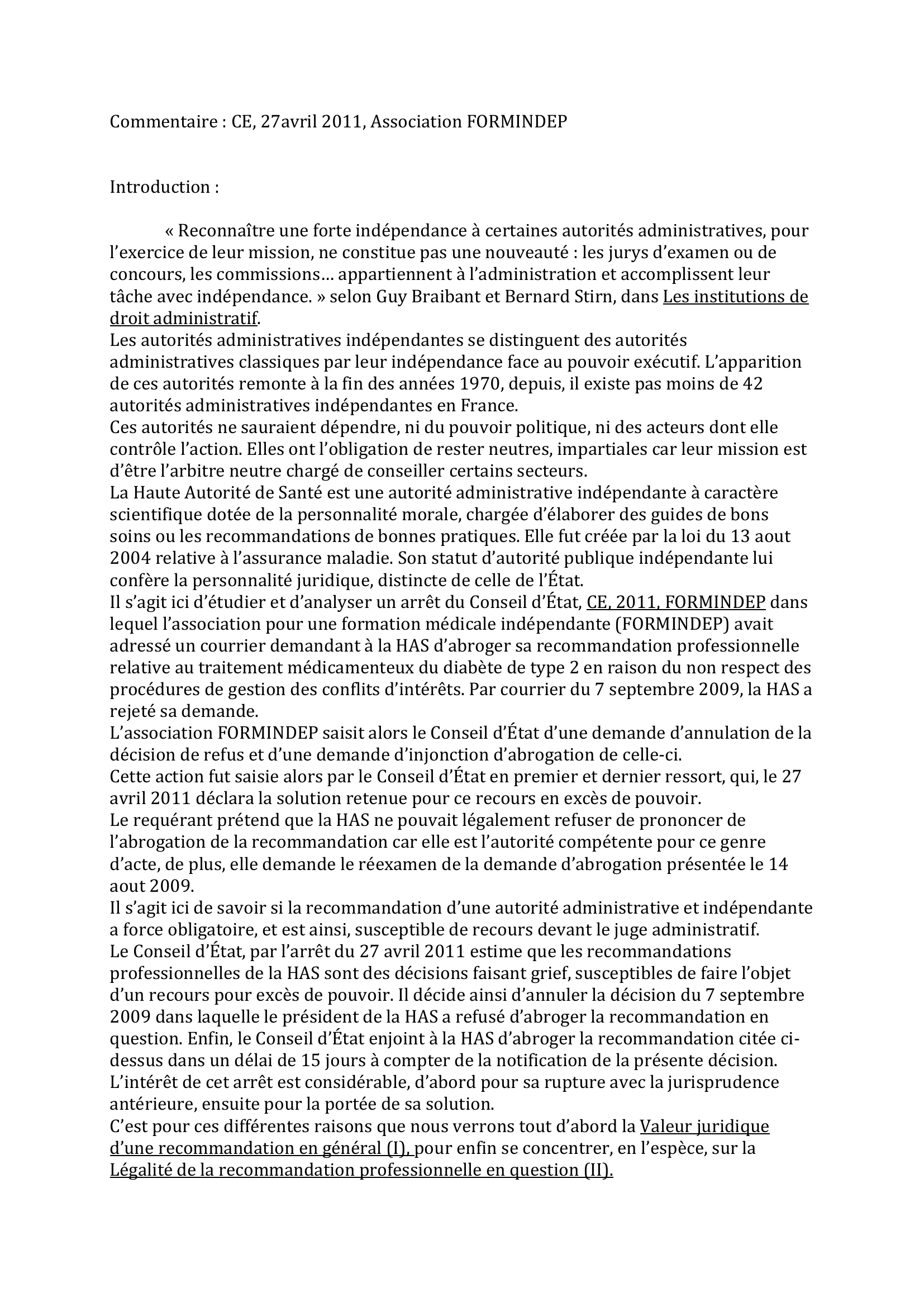 Prévisualisation du document Commentaire : CE, 27 avril 2011, Association FORMINDEP