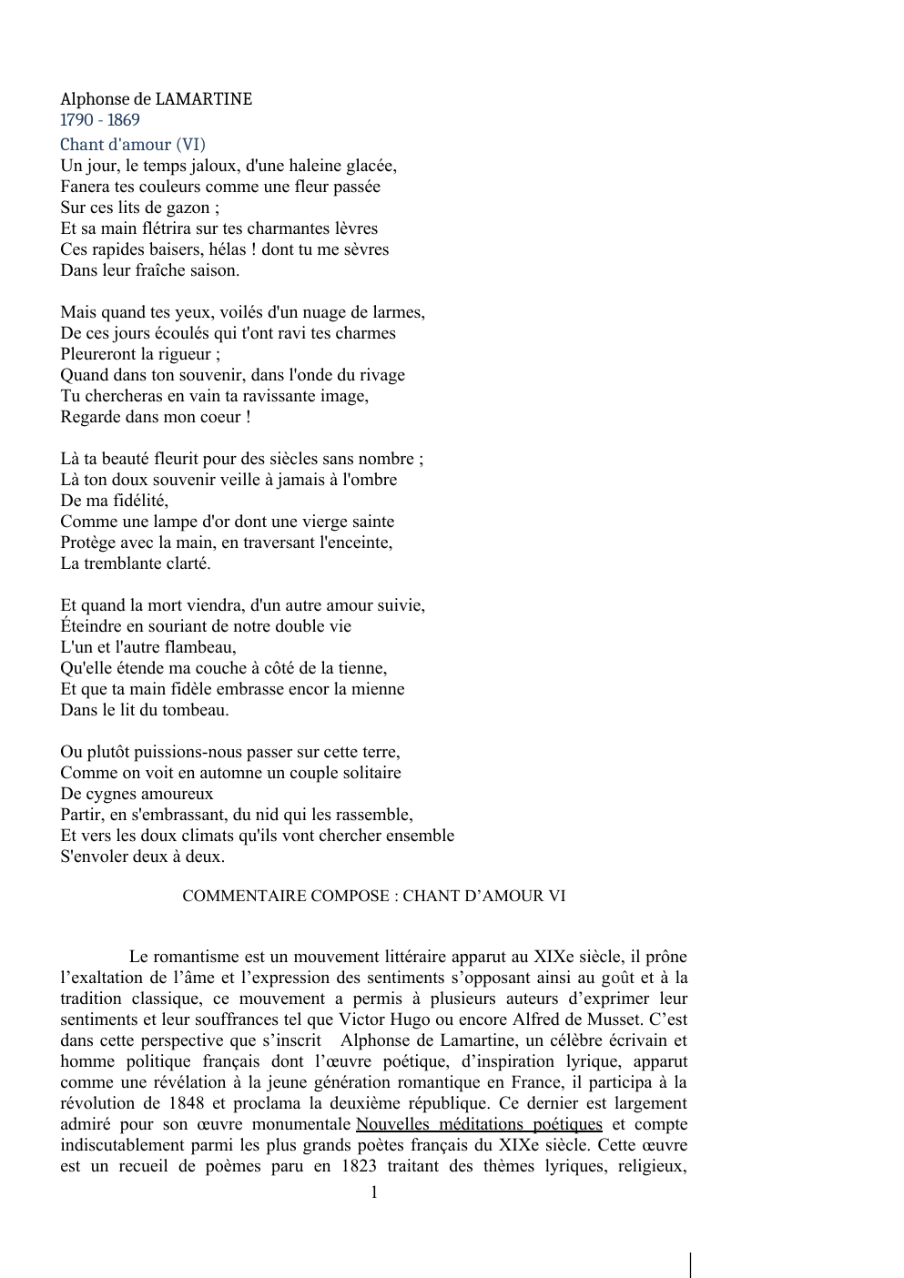Prévisualisation du document Commentaire composé Chant d'amour VI, Lamartine