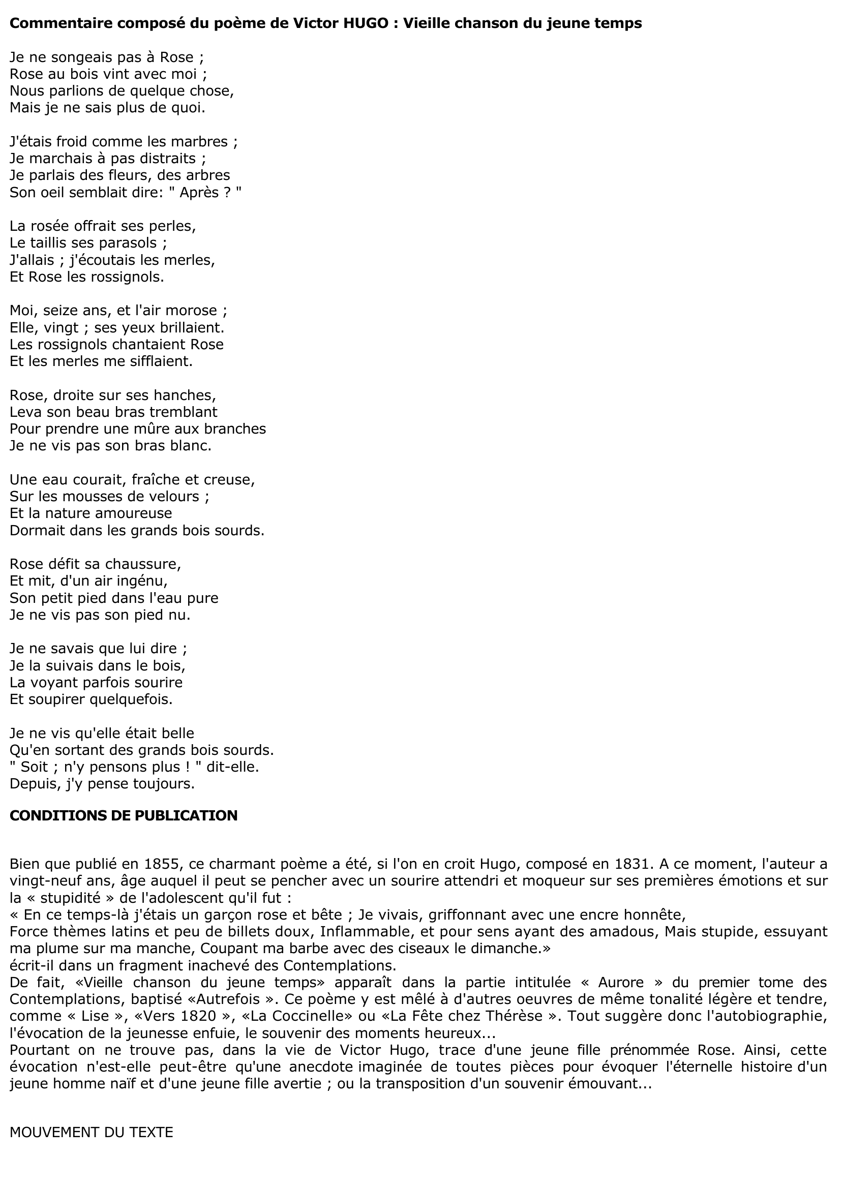 Prévisualisation du document Commentaire composé du poème de Victor HUGO : Vieille chanson du jeune temps