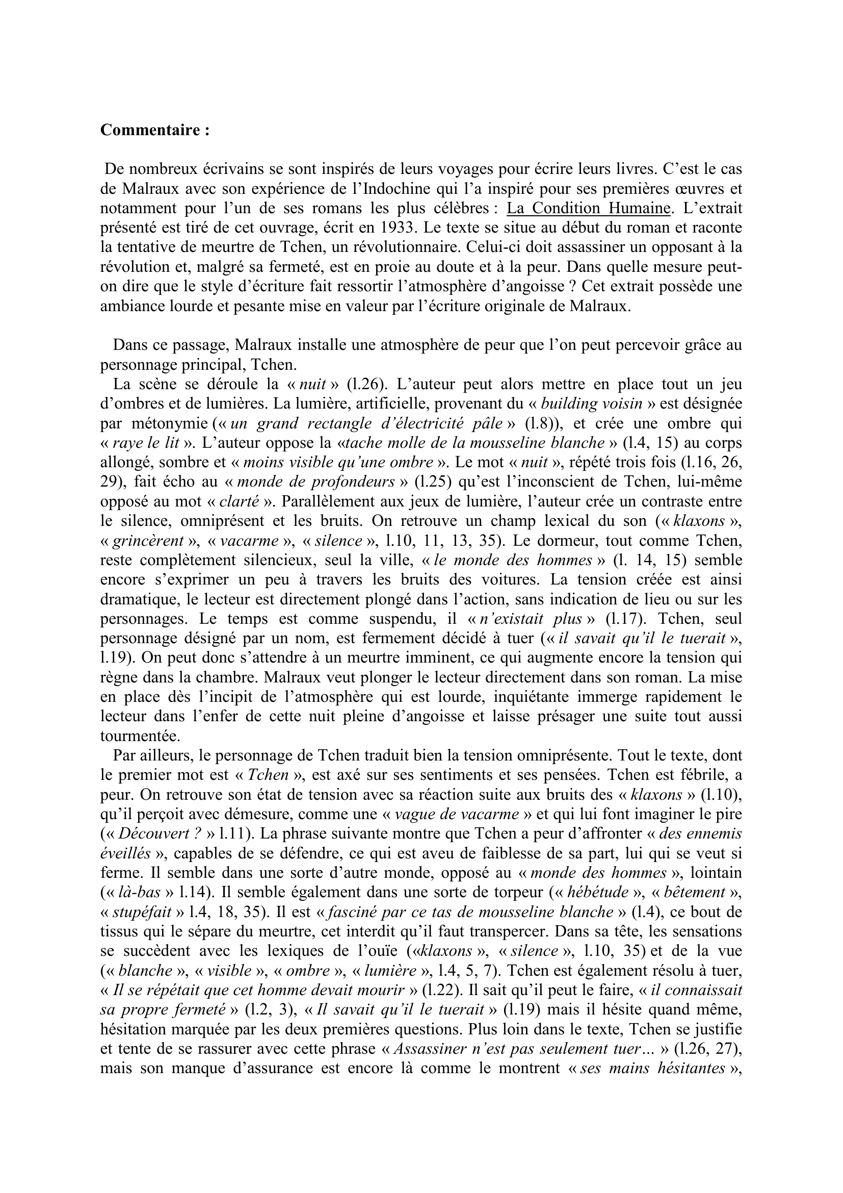 Prévisualisation du document Commentaire composé  La Condition Humaine, Malraux (incipit)
