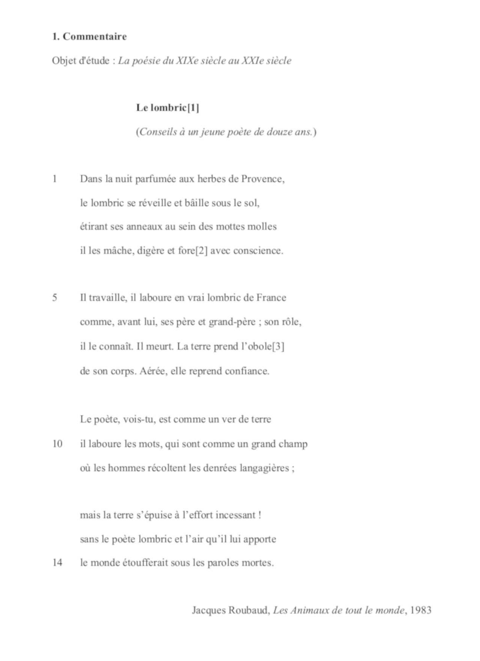 Prévisualisation du document Commentaire Composé - Le Lombric, Jacques Roubaud