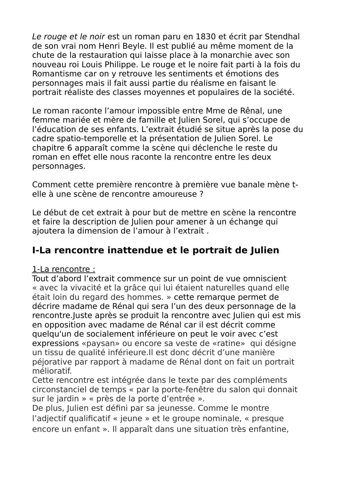 Prévisualisation du document Commentaire composé Le rouge et le noir La rencontre entre Julien Sorel et Madame de Rênal