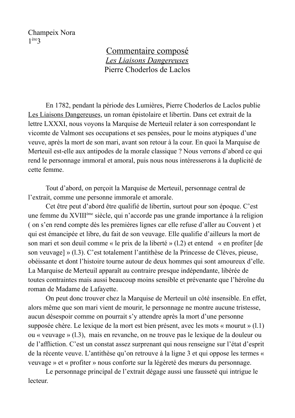 Prévisualisation du document Commentaire composé  Les Liaisons Dangereuses Pierre Choderlos de Laclos