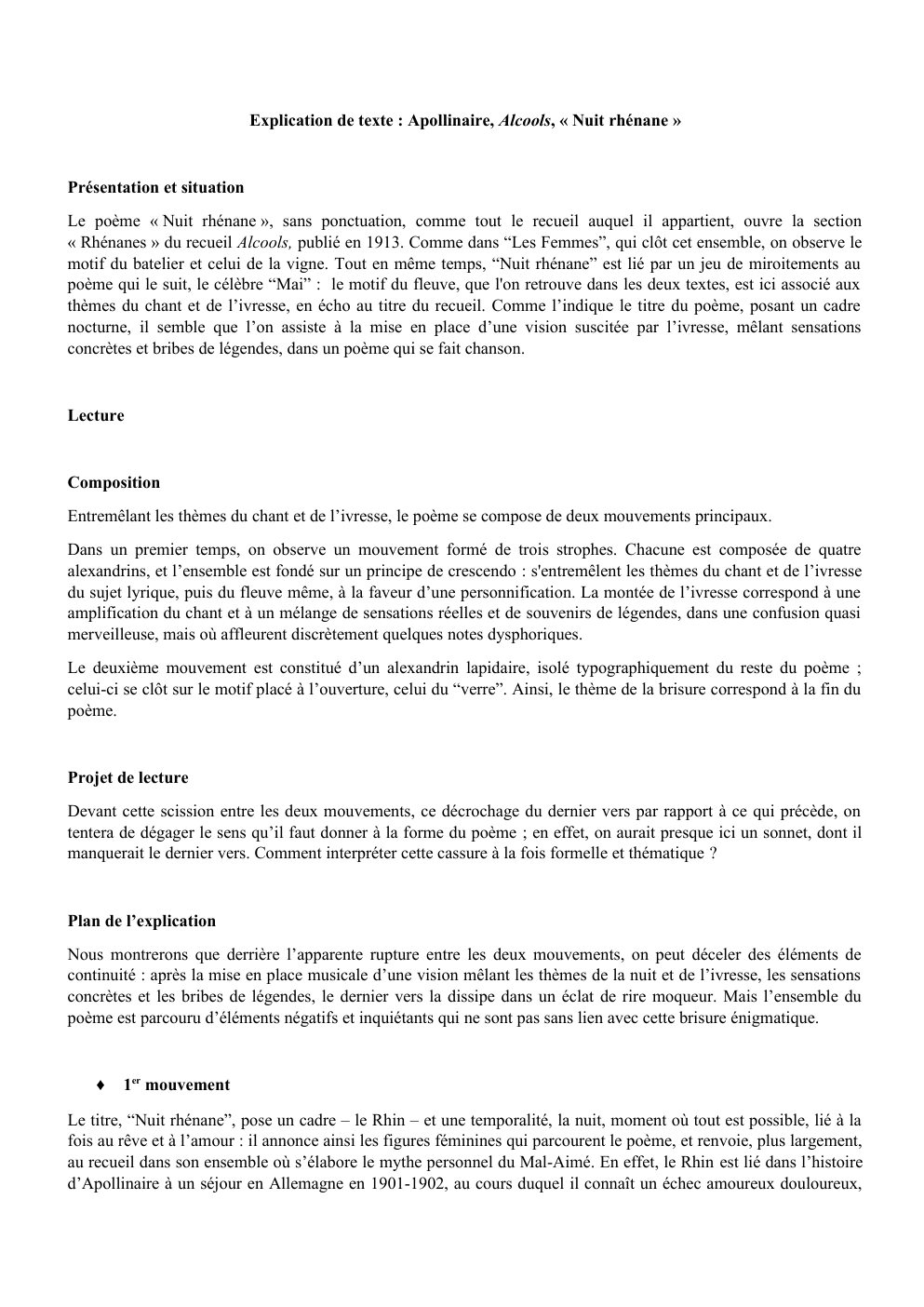 Prévisualisation du document Commentaire composé "Nuit Rhénane" - Alcools de Guillaume Apollinaire