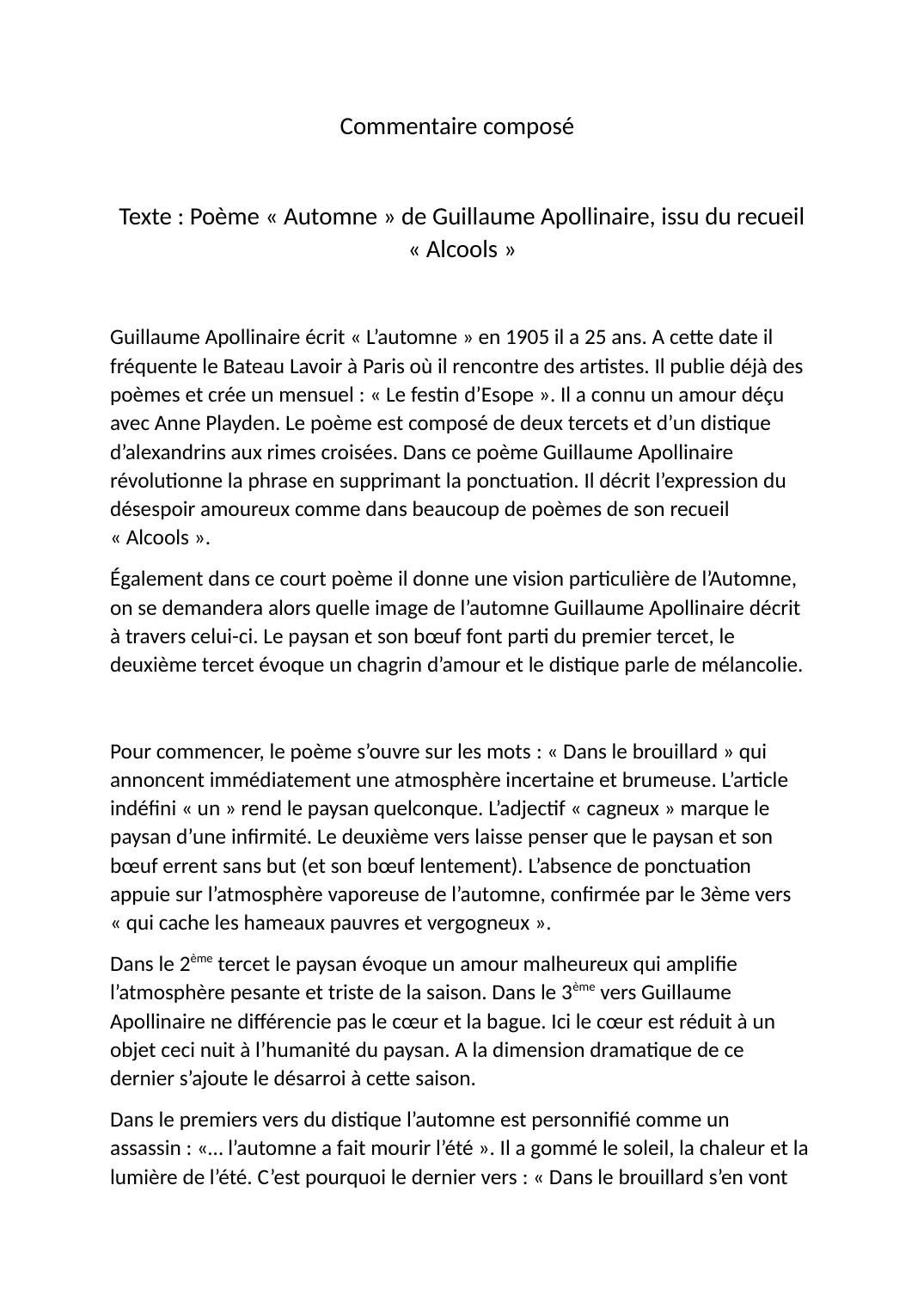 Prévisualisation du document Commentaire composé: Poème «Automne» de Guillaume Apollinaire, issu du recueil «Alcools»