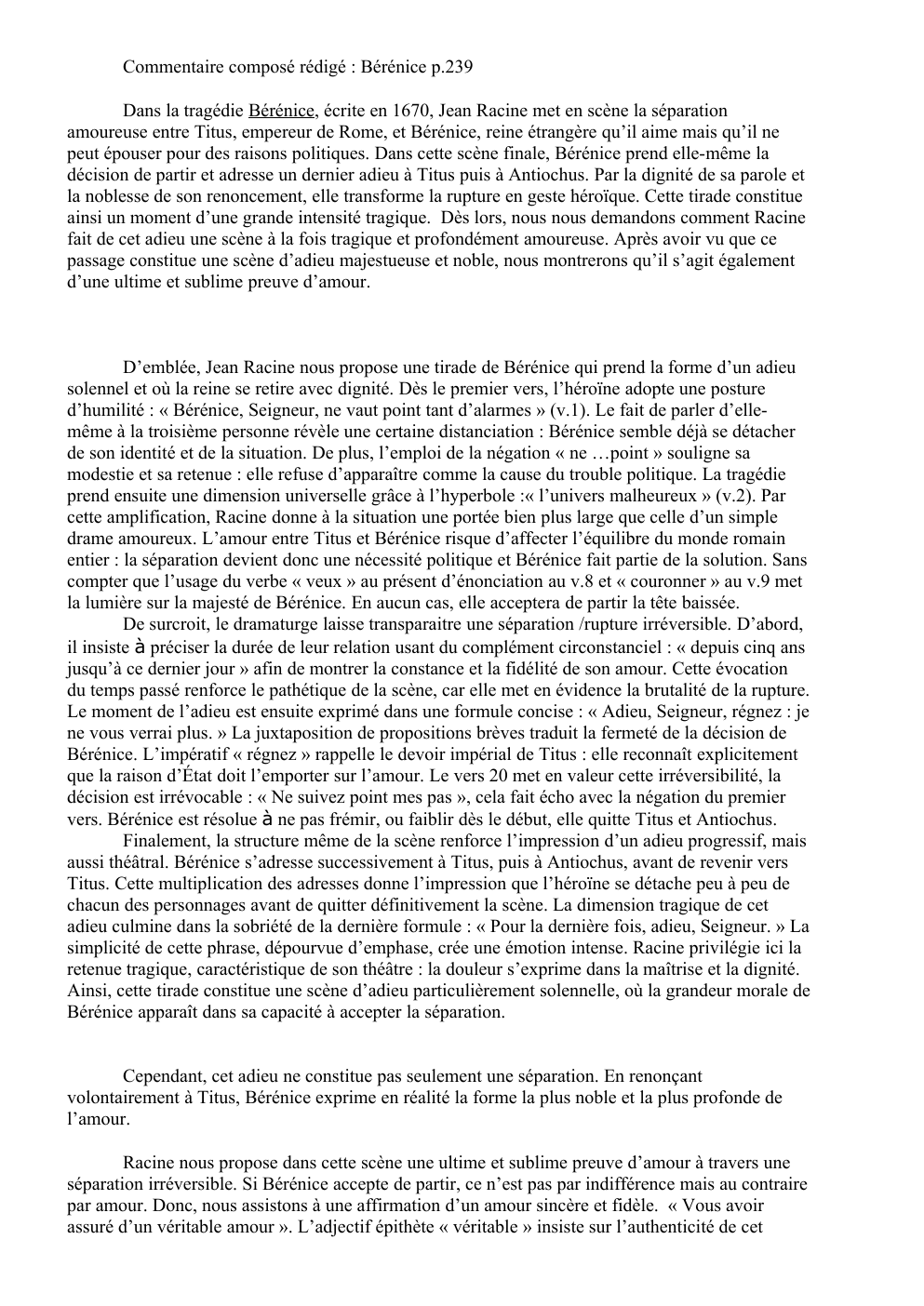 Prévisualisation du document Commentaire composé rédigé : Bérénice p.239