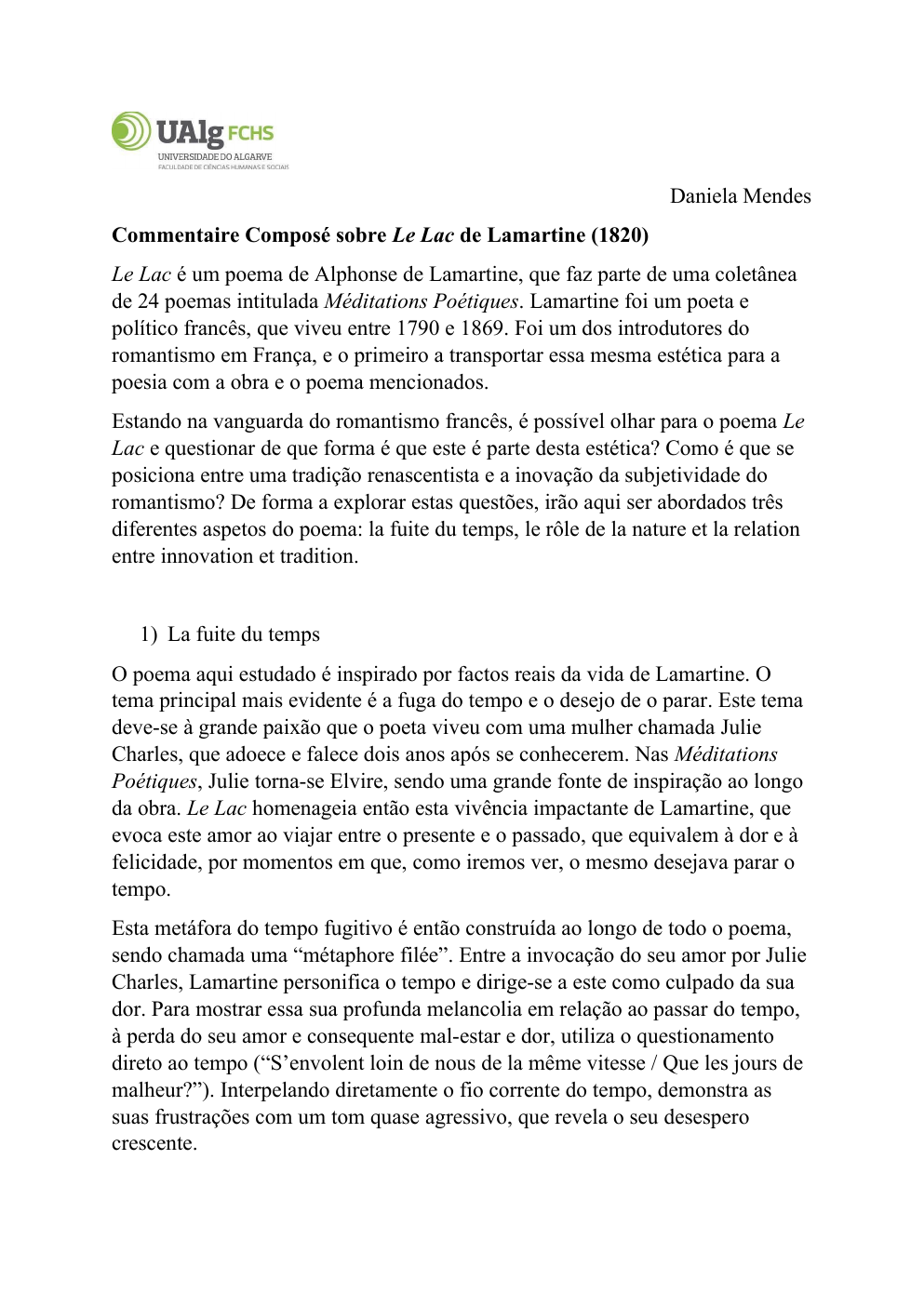 Prévisualisation du document Commentaire Composé sobre Le Lac de Lamartine (1820)