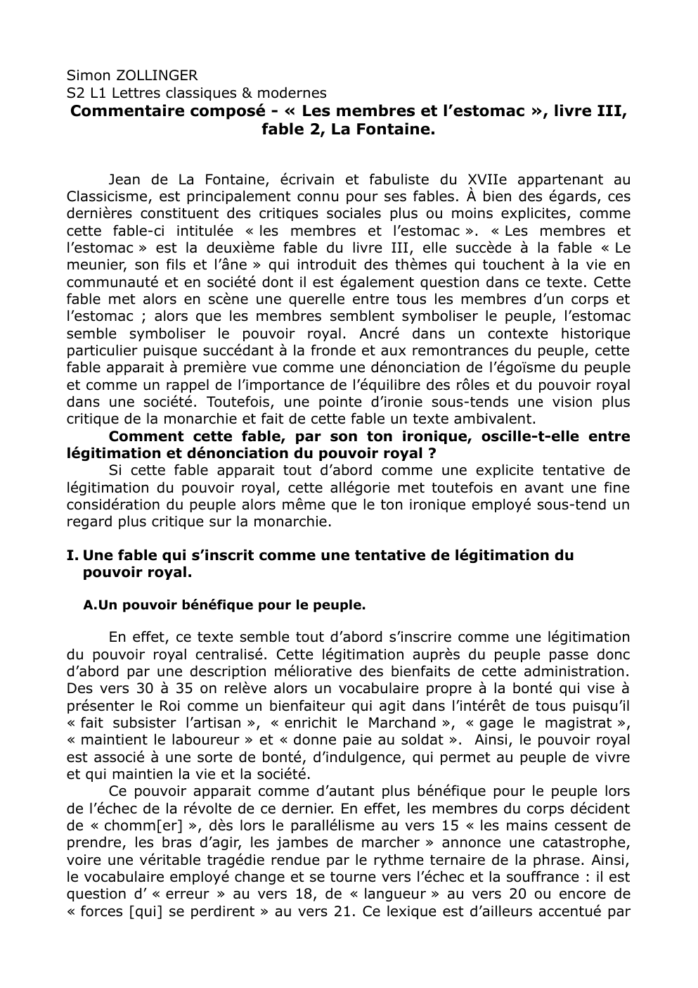 Prévisualisation du document Commentaire composé sur le fable "Les Membres et l'Estomac" de La Fontaine.