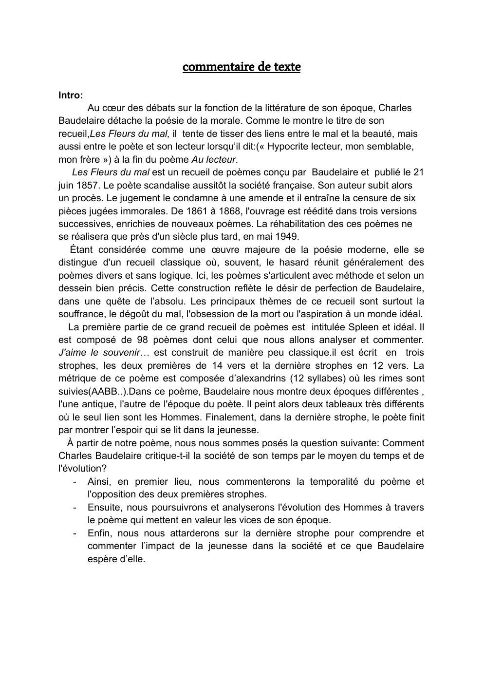 Prévisualisation du document commentaire composée de Français:  j'aime le souvenir de Baudelaire