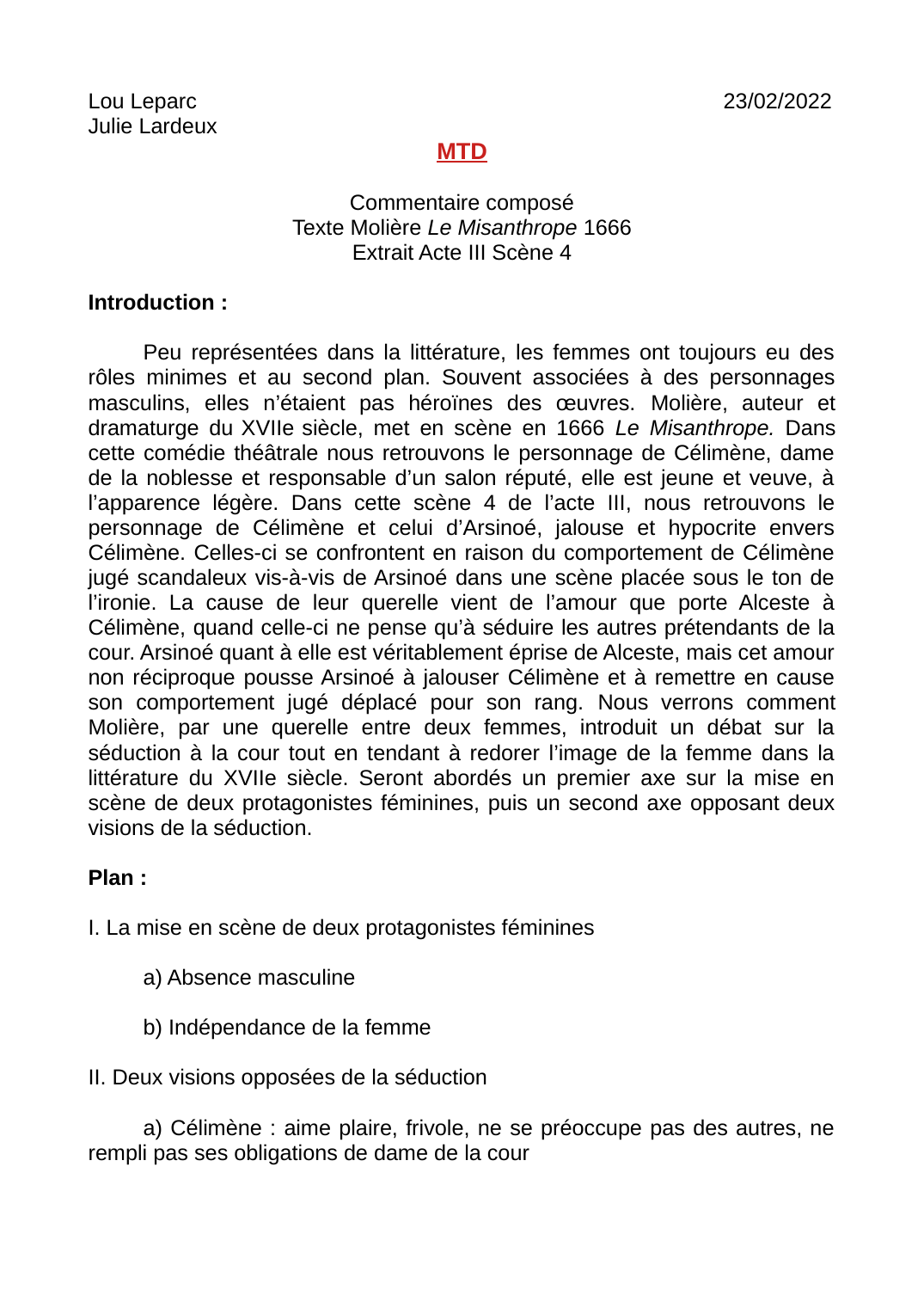Prévisualisation du document Commentaire composéTexte Molière Le Misanthrope 1666Extrait Acte III Scène 4