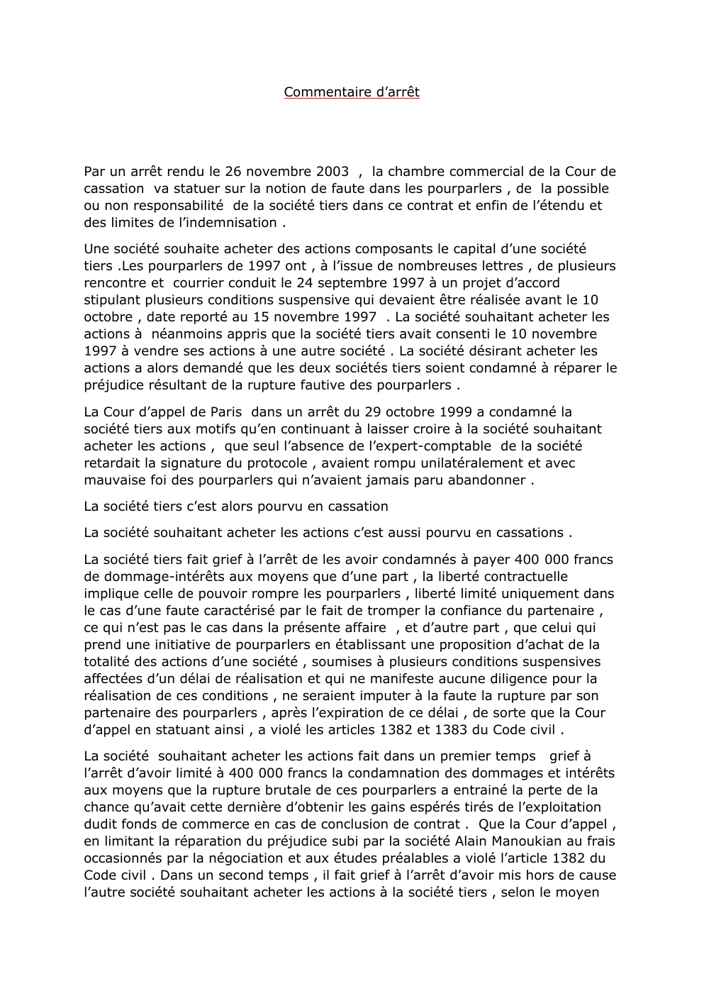 Prévisualisation du document Commentaire d'arrêt 26 novembre 2003