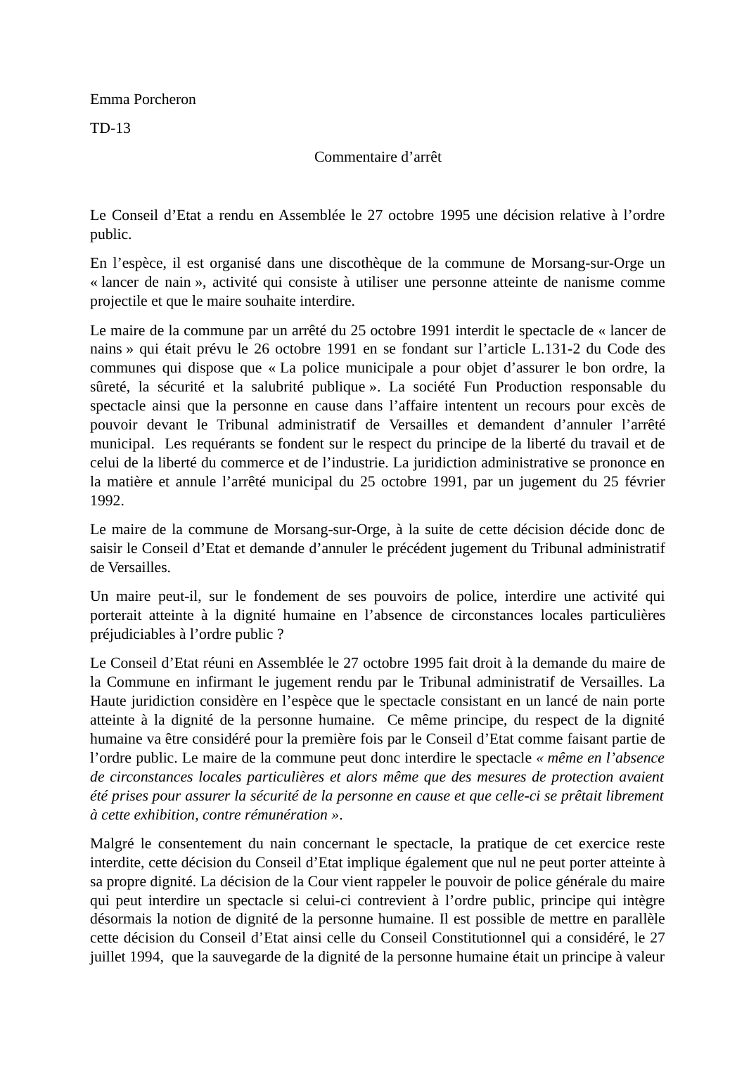 Prévisualisation du document Commentaire d'arrêt 27 octobre 1995 Commune de Morsang sur-Orge