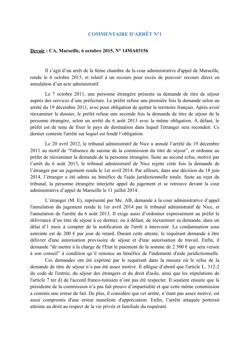 Prévisualisation du document COMMENTAIRE D’ARRÊT N°1 Devoir : CA, Marseille, 6 octobre 2015, N° 14MA03156