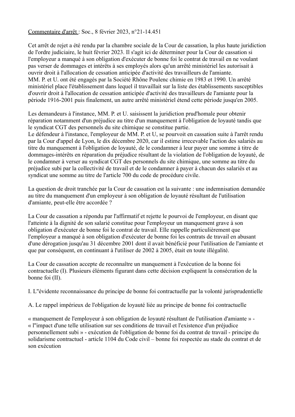 Prévisualisation du document Commentaire d'arrêt : Soc., 8 février 2023, n°21-14.451