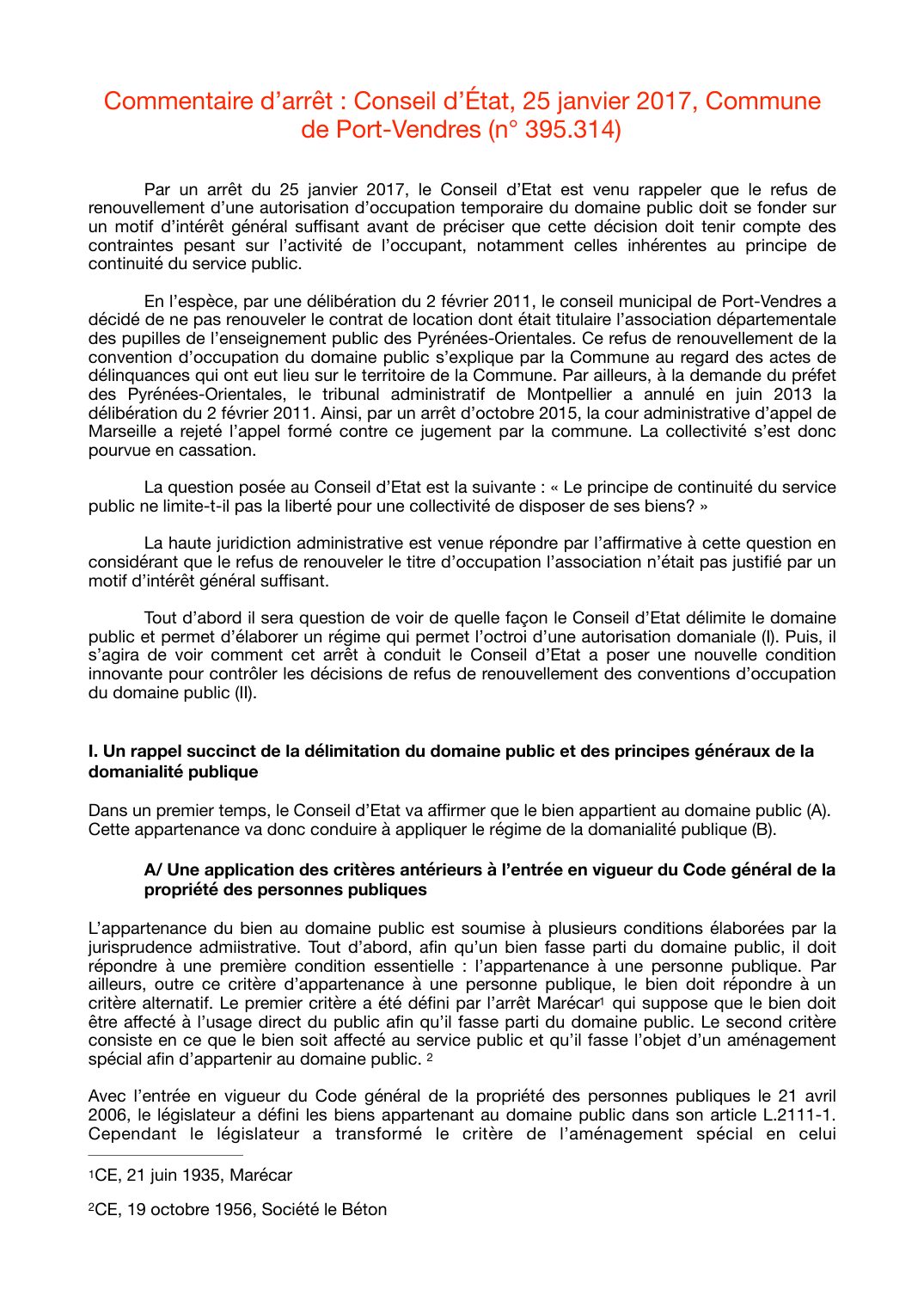 Prévisualisation du document Commentaire d’arrêt : Conseil d’État, 25 janvier 2017, Communede Port-Vendres (n° 395.