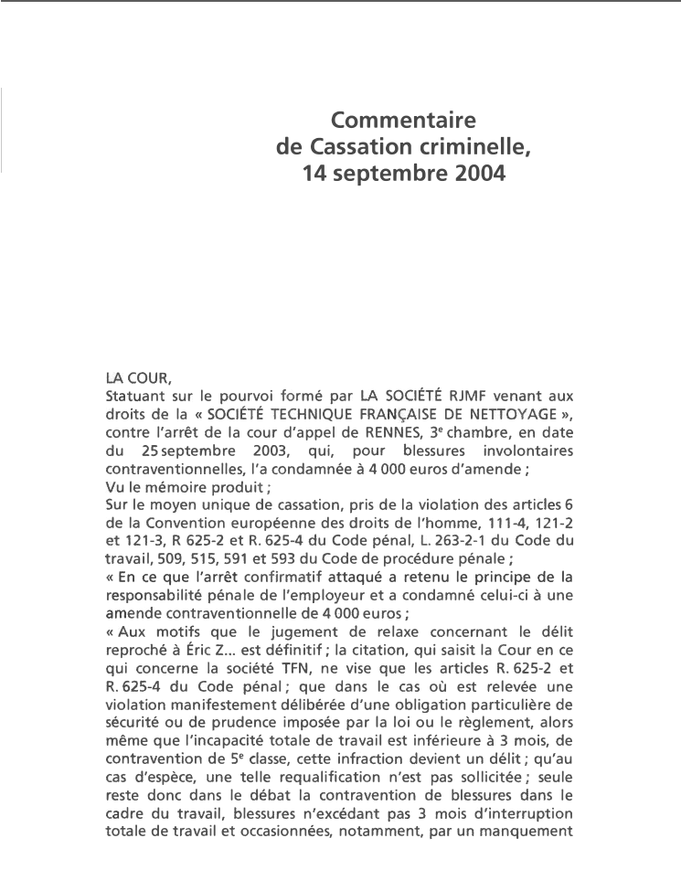 Prévisualisation du document Commentaire de Cassation criminelle 14 septembre 2004