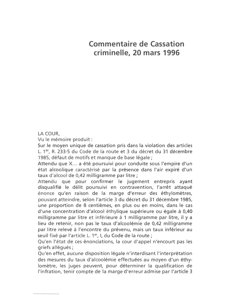 Prévisualisation du document Commentaire de Cassation criminelle, 20 mars 1996