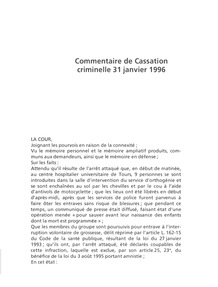 Prévisualisation du document Commentaire de Cassation criminelle 31 janvier 1996