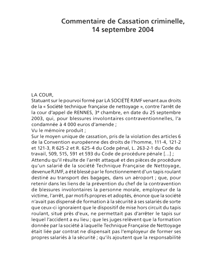 Prévisualisation du document Commentaire de Cassation criminelle,
14 septembre 2004 - commentaire d'arrêt