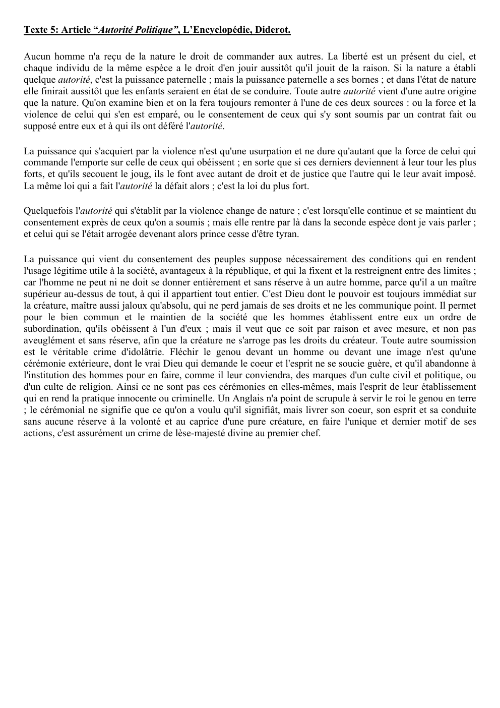 Prévisualisation du document Commentaire de Diderot, autorité politique