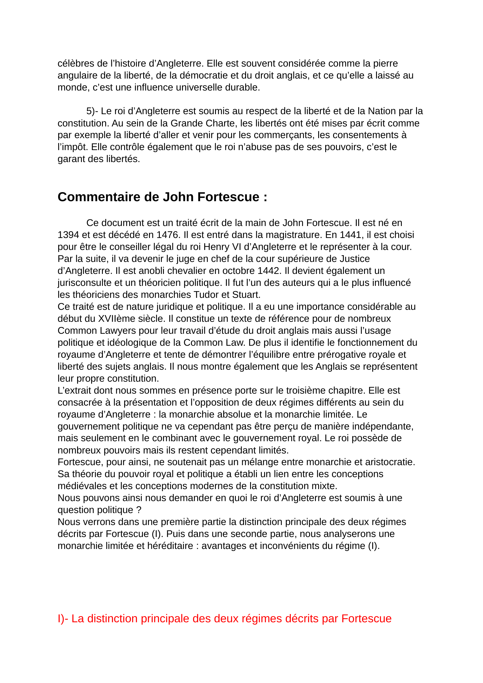 Prévisualisation du document Commentaire de John Fortescue