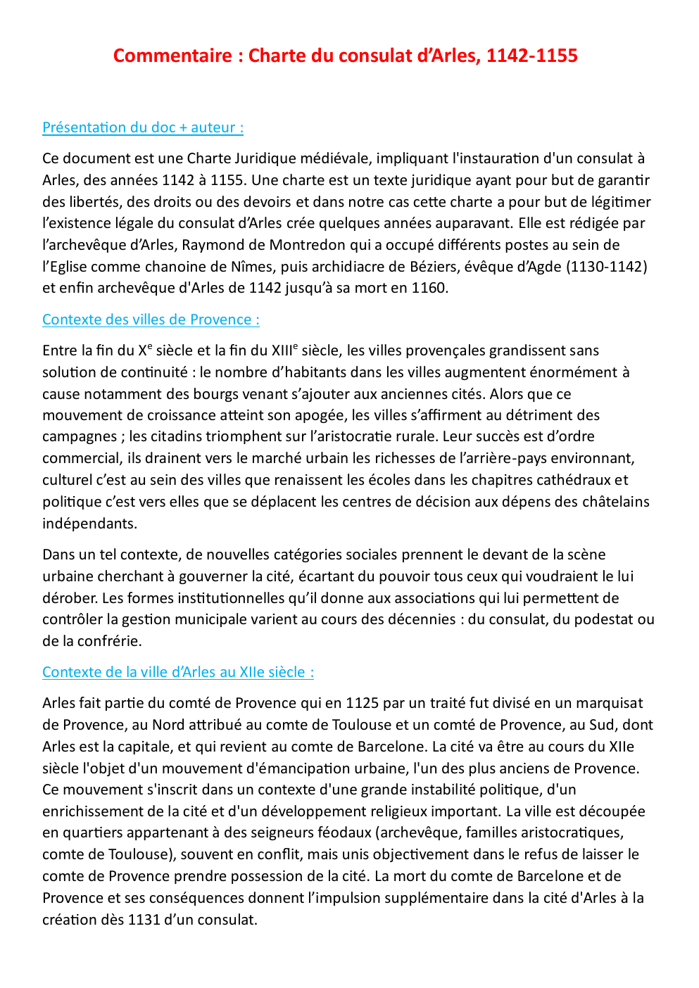 Prévisualisation du document commentaire de la charte du consulat d'Arles 1142-1155