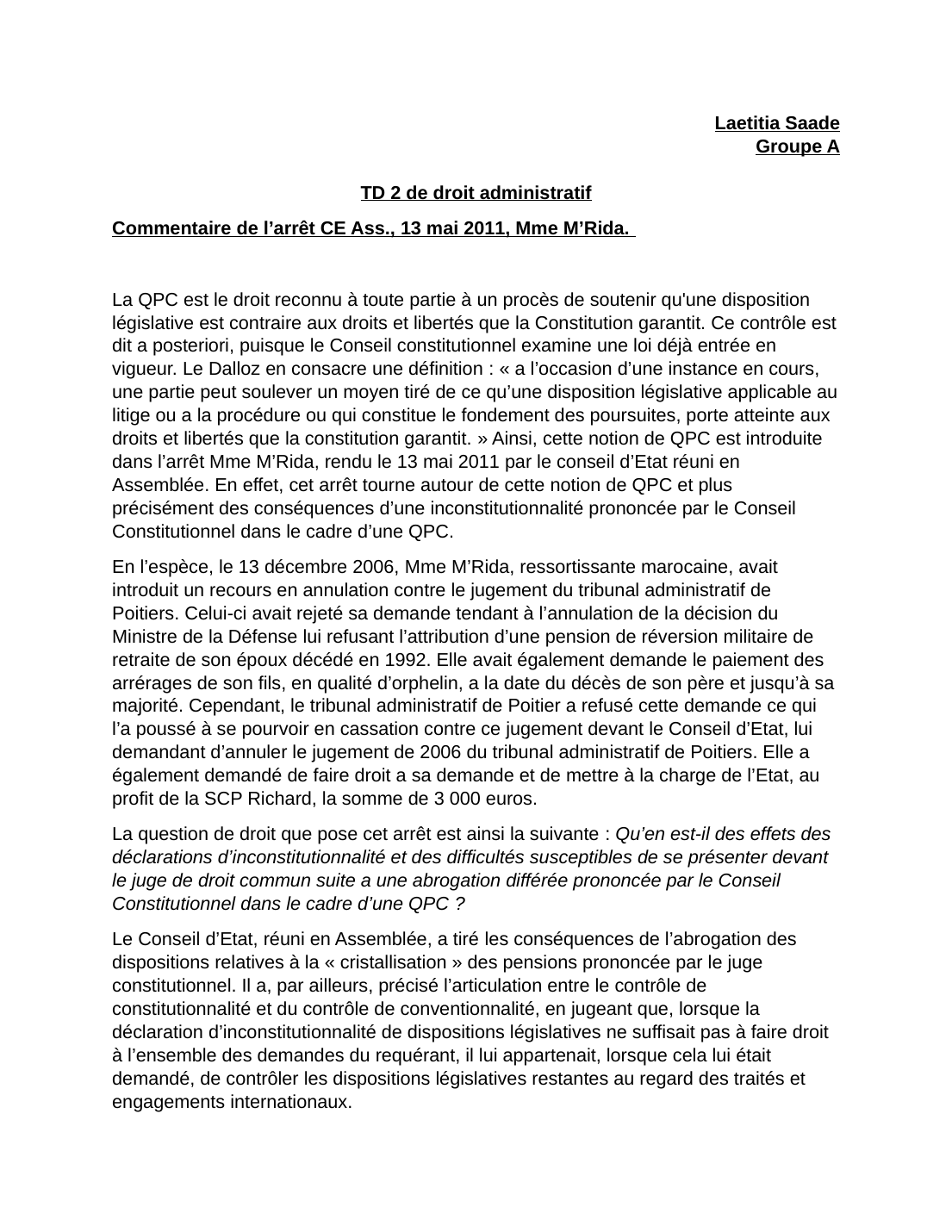 Prévisualisation du document Commentaire de l’arrêt CE Ass., 13 mai 2011, Mme M’Rida.