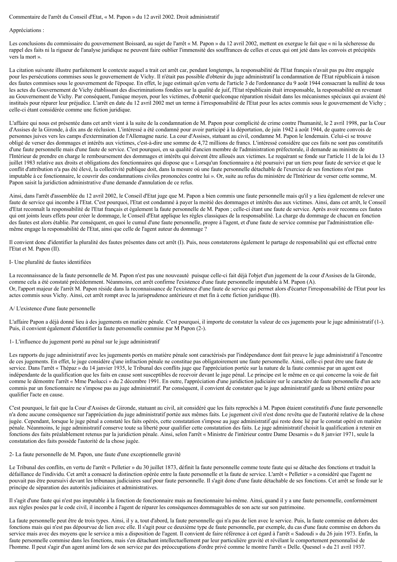 Prévisualisation du document Commentaire de l'arrêt du Conseil d'Etat, « M. Papon » du 12 avril 2002