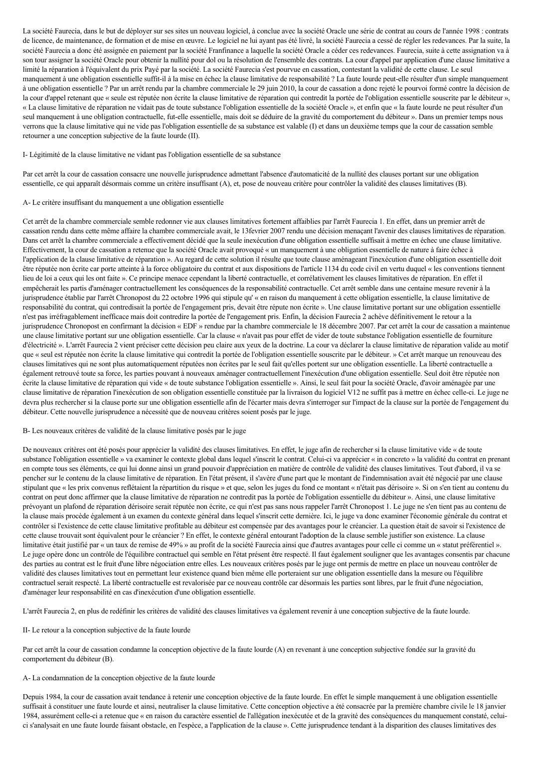 Prévisualisation du document Commentaire de l'arrêt Faurecia II du 29 juin 2010 , Cour de cassation - Chambre Commerciale
