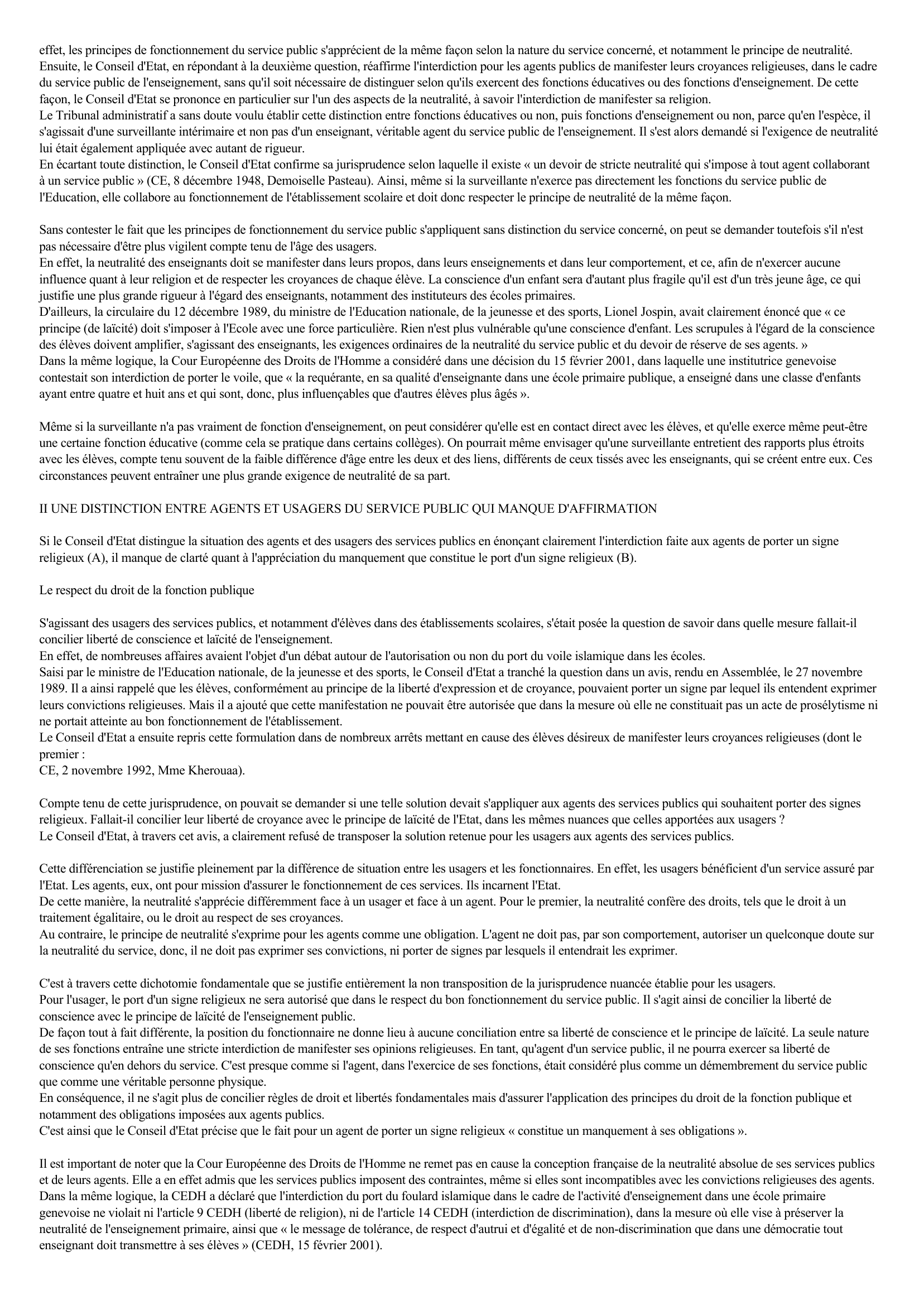 Prévisualisation du document Commentaire de l'avis du Conseil d'Etat en date du 3 mai 2000, avis Mlle Marteaux : les agents publics et la manifestation des croyances religieuses