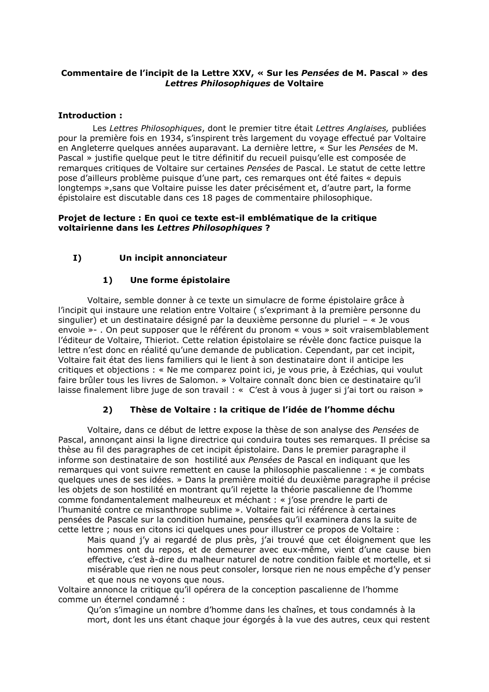 Prévisualisation du document Commentaire de l’incipit de la Lettre XXV, « Sur les Pensées de M. Pascal » des
Lettres Philosophiques de Voltaire...