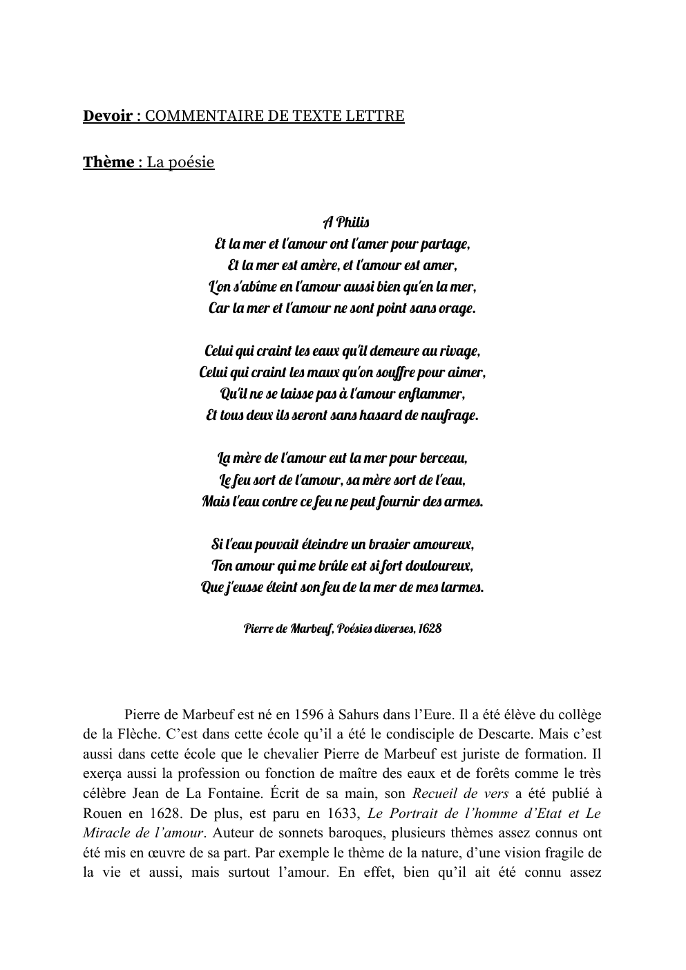 Prévisualisation du document Commentaire de Texte A Philis Pierre de Marbeuf, Poésies diverses, 1628
