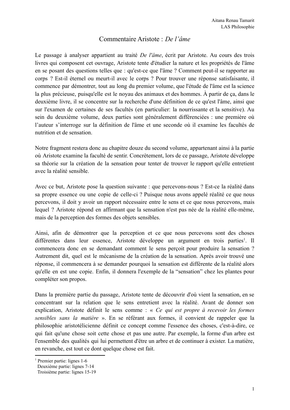 Prévisualisation du document Commentaire de texte Aristote, De l'âme, II, 12, 424a-b3 (note du prof 19/20)