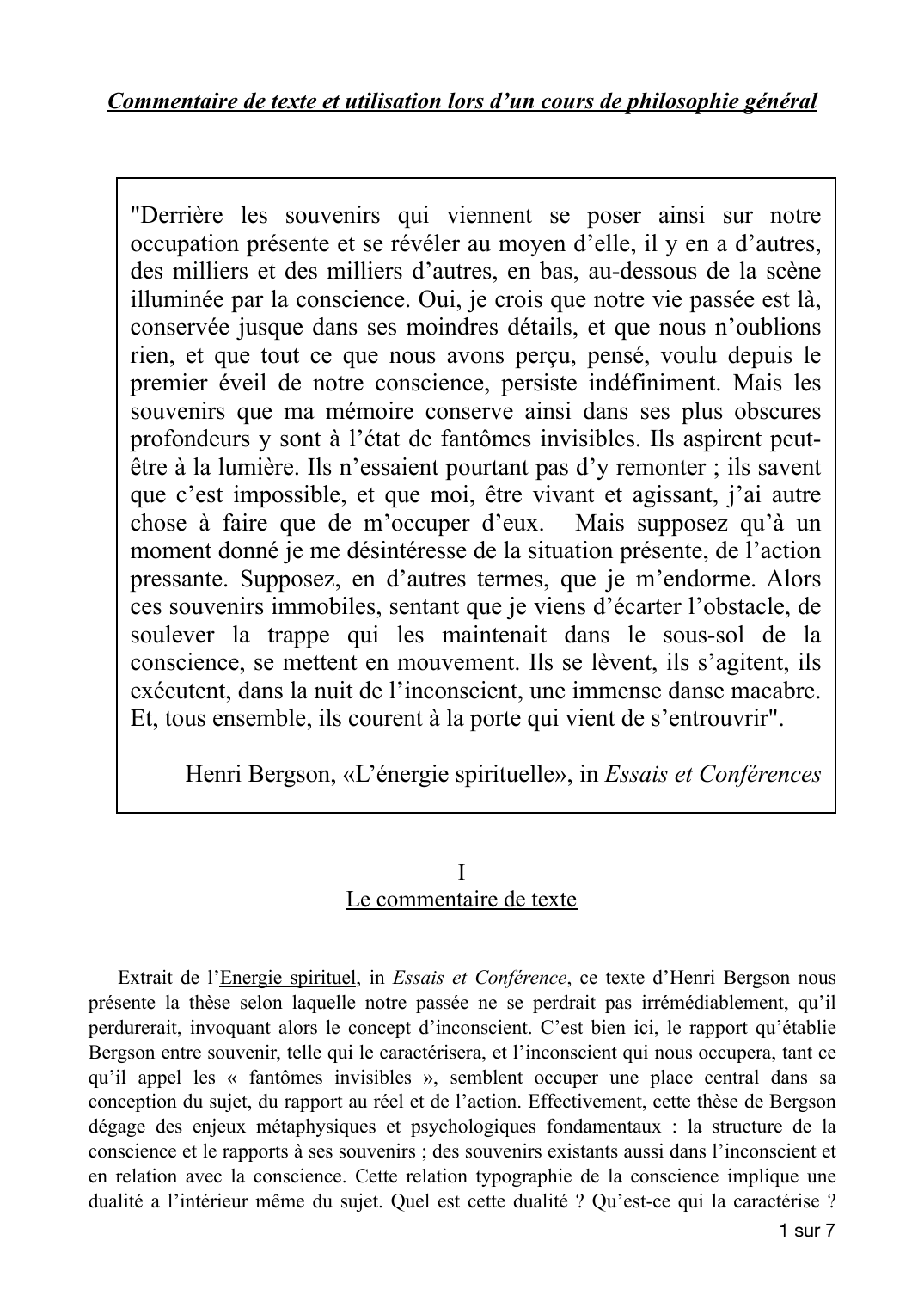 Prévisualisation du document Commentaire de texte - Bergson - «L’énergie spirituelle», in Essais et Conférences