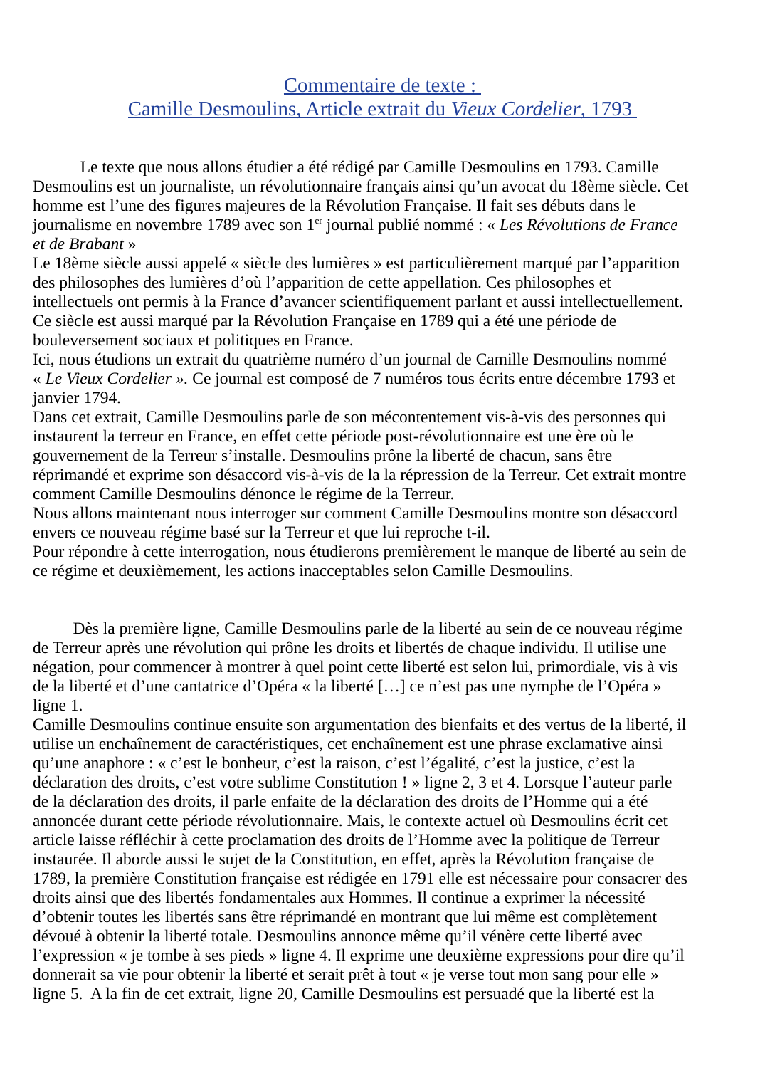 Prévisualisation du document Commentaire de texte : Camille Desmoulins extrait du Vieux Cordelier