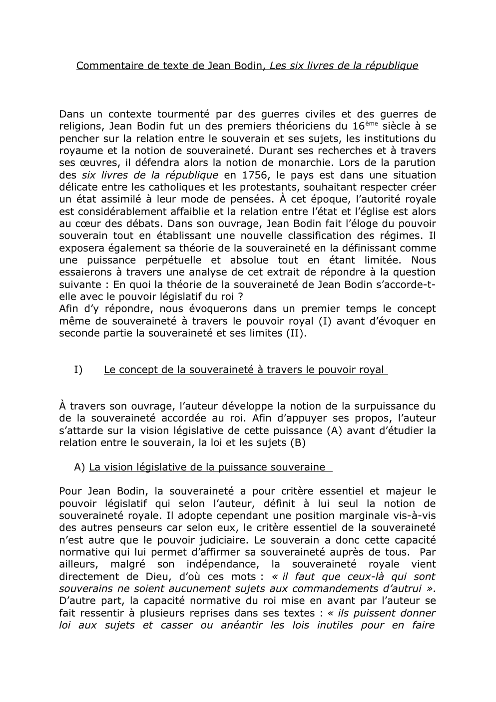 Prévisualisation du document Commentaire de texte de Jean Bodin, Les six livres de la république