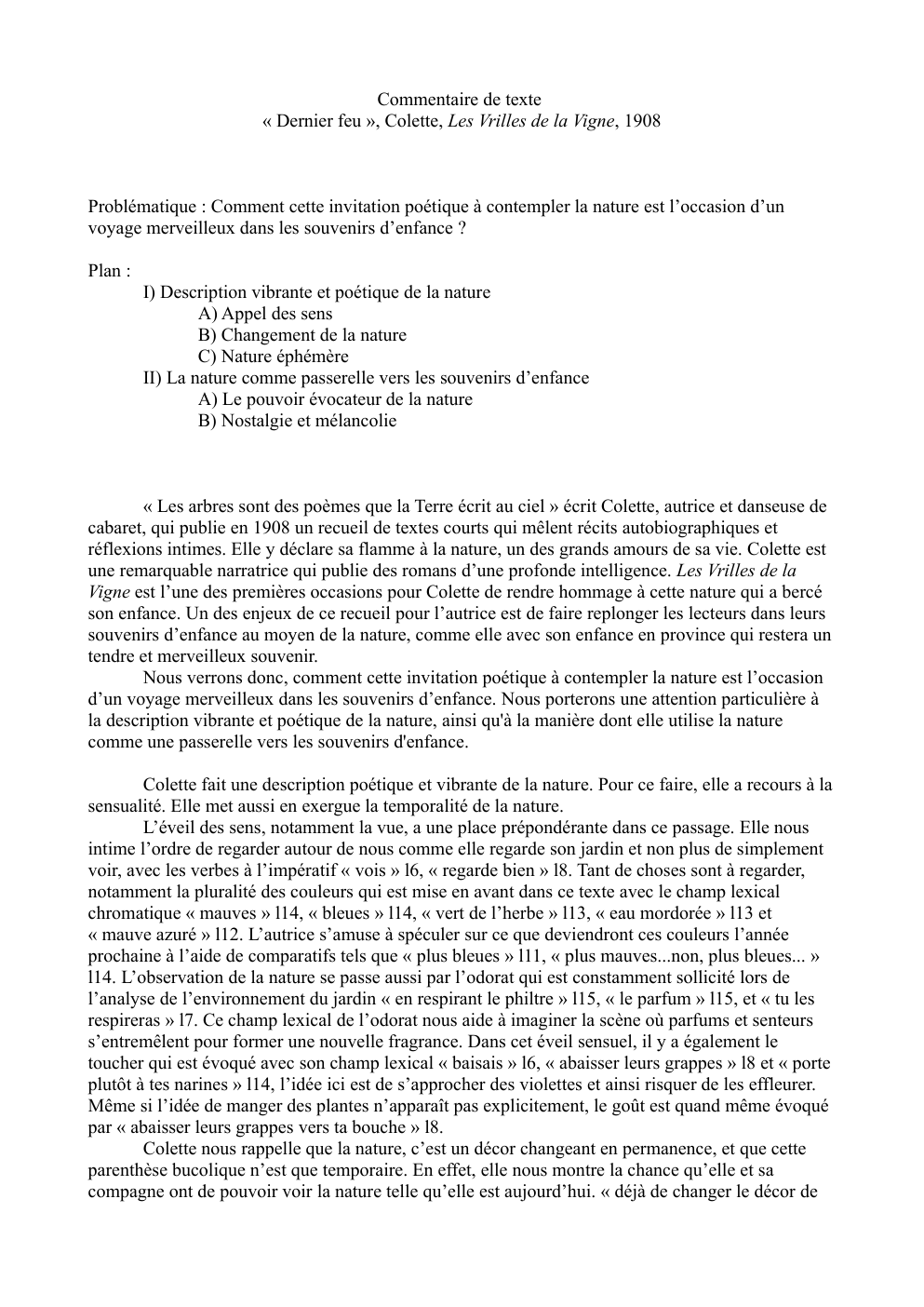 Prévisualisation du document Commentaire de texte Dernier Feu de Colette