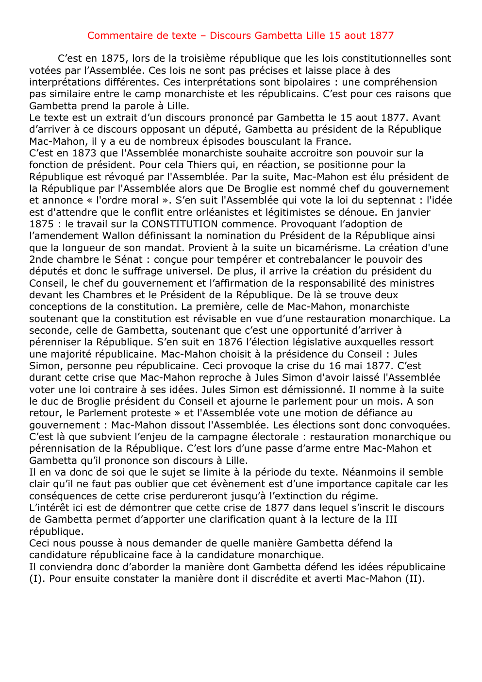 Prévisualisation du document Commentaire de texte, Discours de Gambetta du 15 aout 1877.