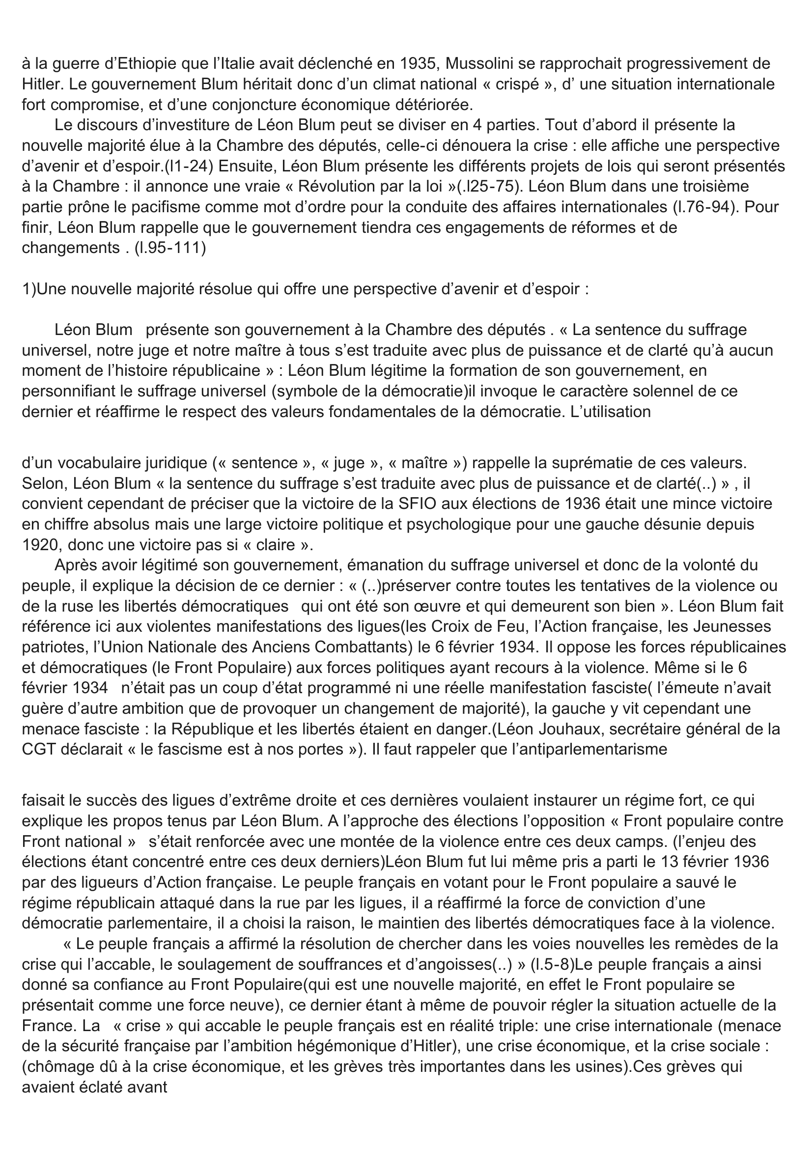 Prévisualisation du document Commentaire de texte : Discours d'investiture de Léon Blum à la Chambre des députés en juin 1936 (politique)