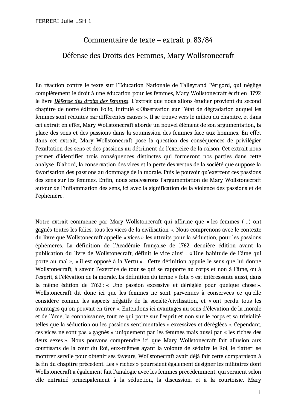 Prévisualisation du document Commentaire de texte – extrait p. 83/84 Défense des Droits des Femmes, Mary Wollstonecraft