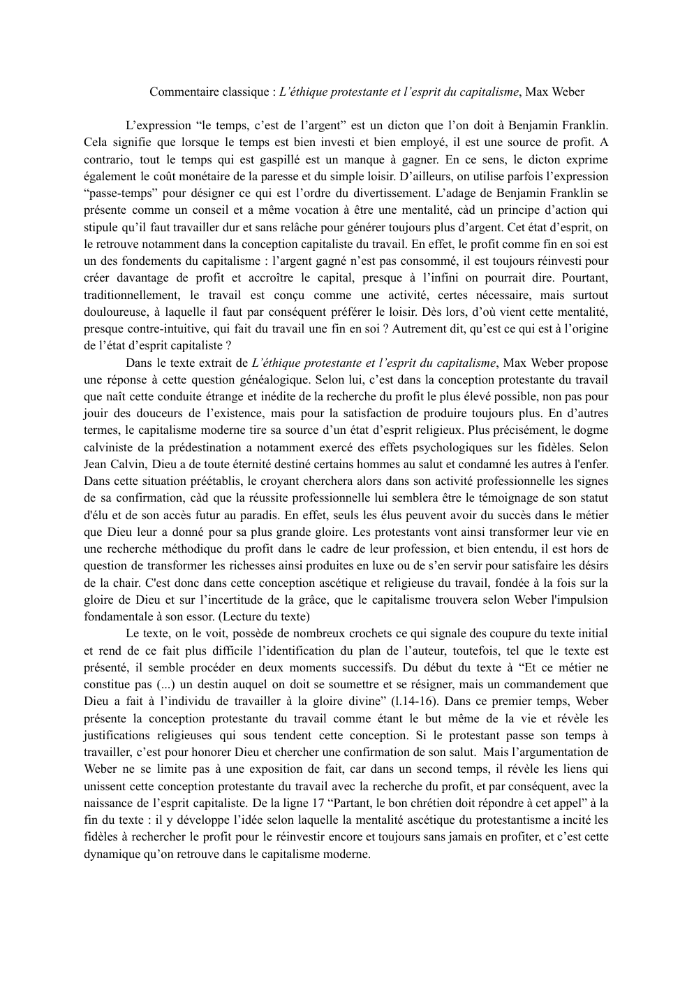 Prévisualisation du document Commentaire de texte : L’éthique protestante et l’esprit du capitalisme de Max Weber